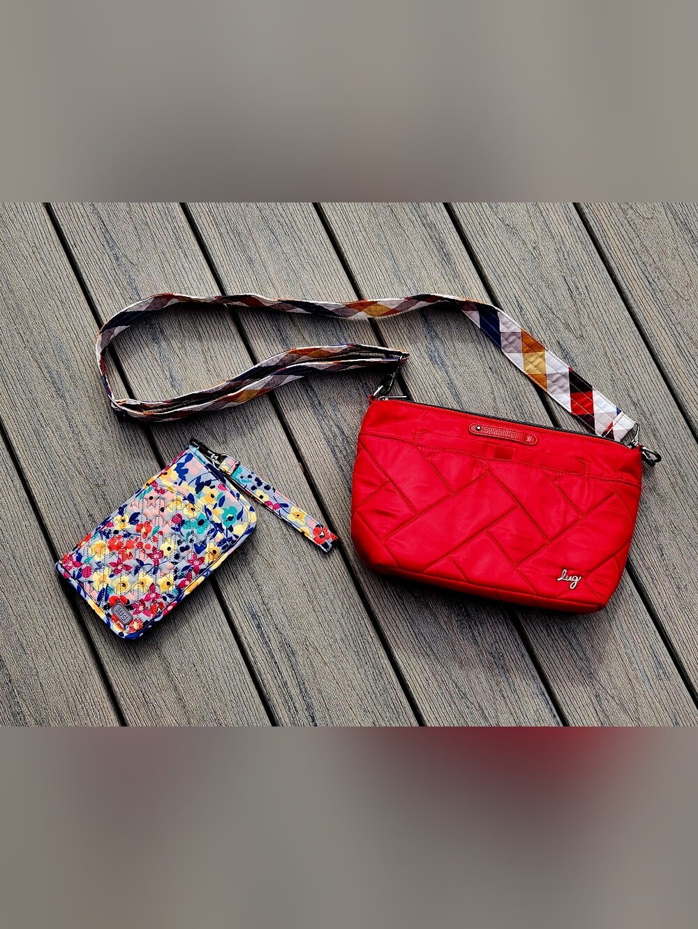 lug Red Quilted Crossbody with Patterned Strap and Floral Wristlet Wallet